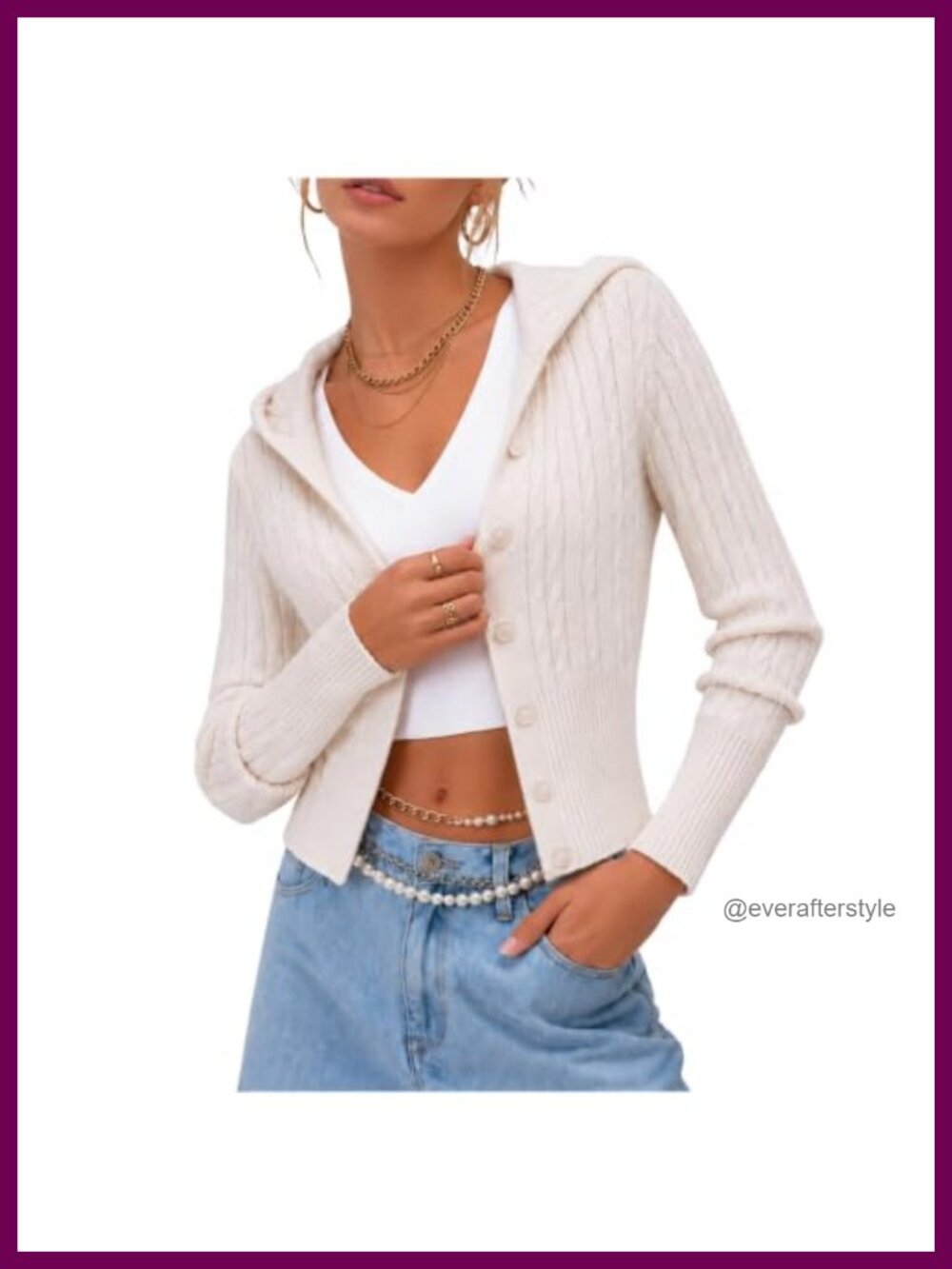 Women's Cable Knit Hooded Cardigan Slim Contrast Button Sweater